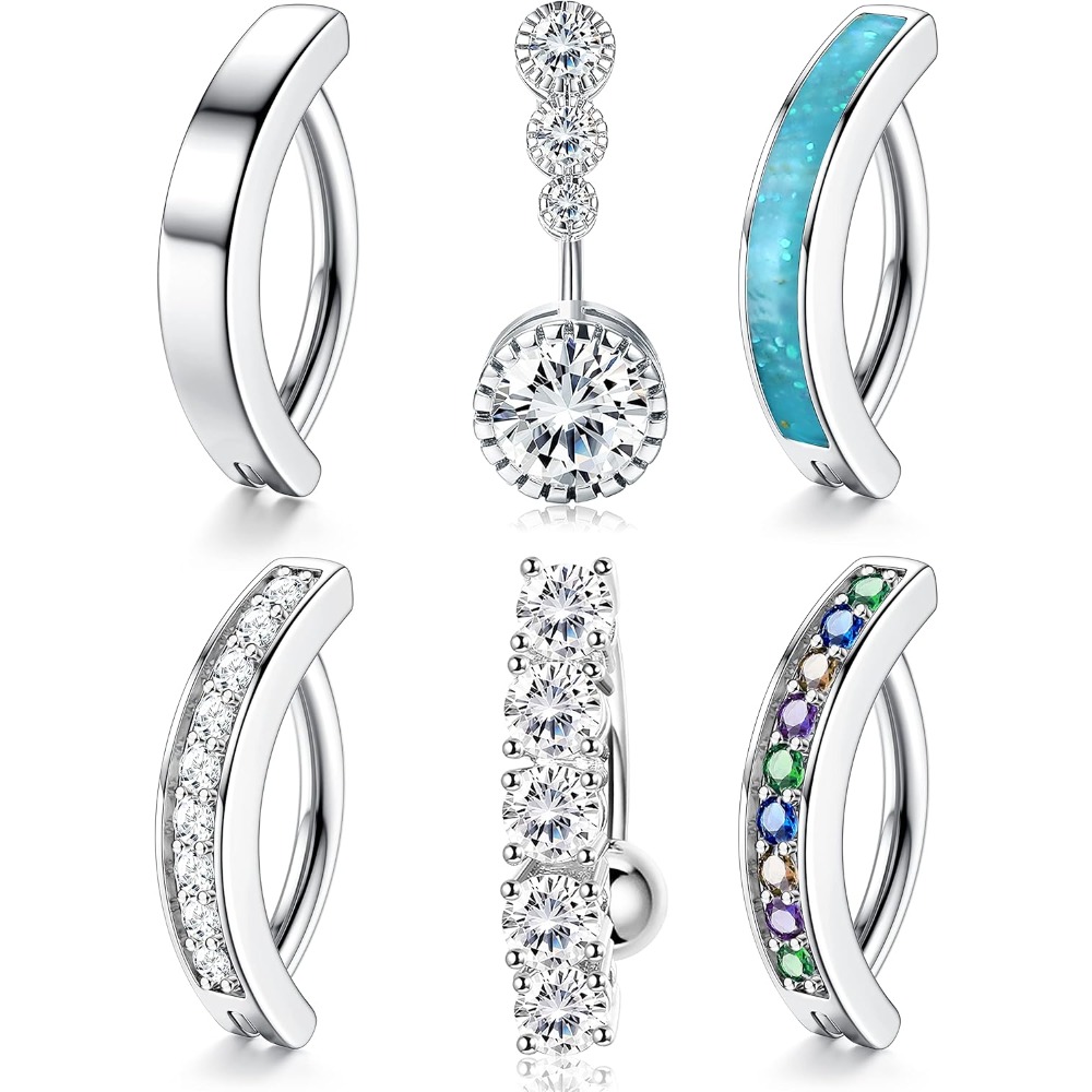 Image of 6pcs Stainless Steel Clicker Belly Button Rings For Women Reverse Curved Navel Rings Barbell Body Piercing Jewelry