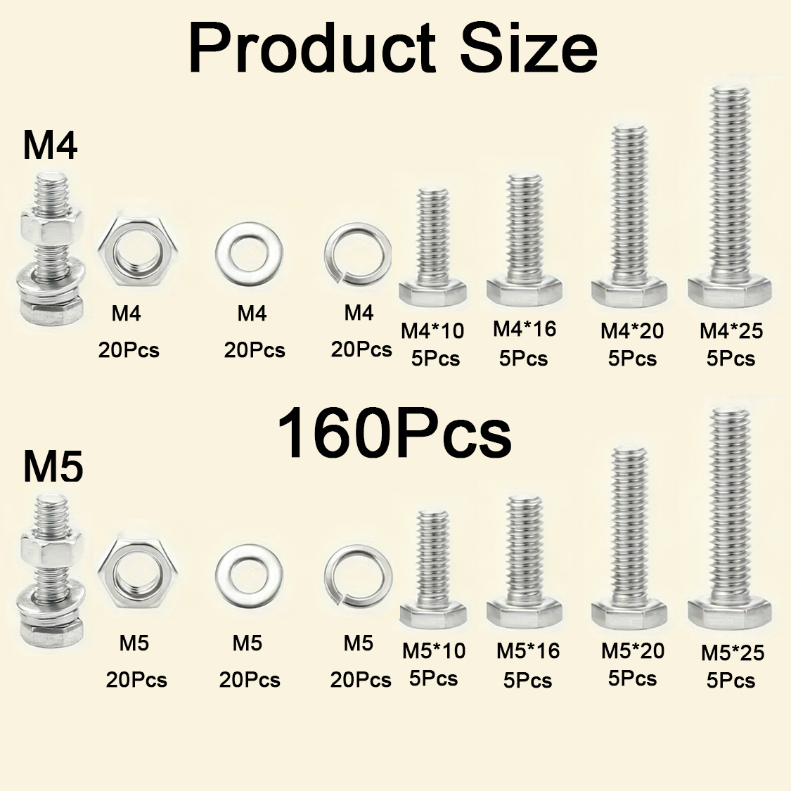 Image of 160pcs M4 M5 M6 M8 And Nut Kit - Hex Screws, Multi-common Sizes, Durable Organized Storage Box, , For Secure Connections, Nuts And Bolts