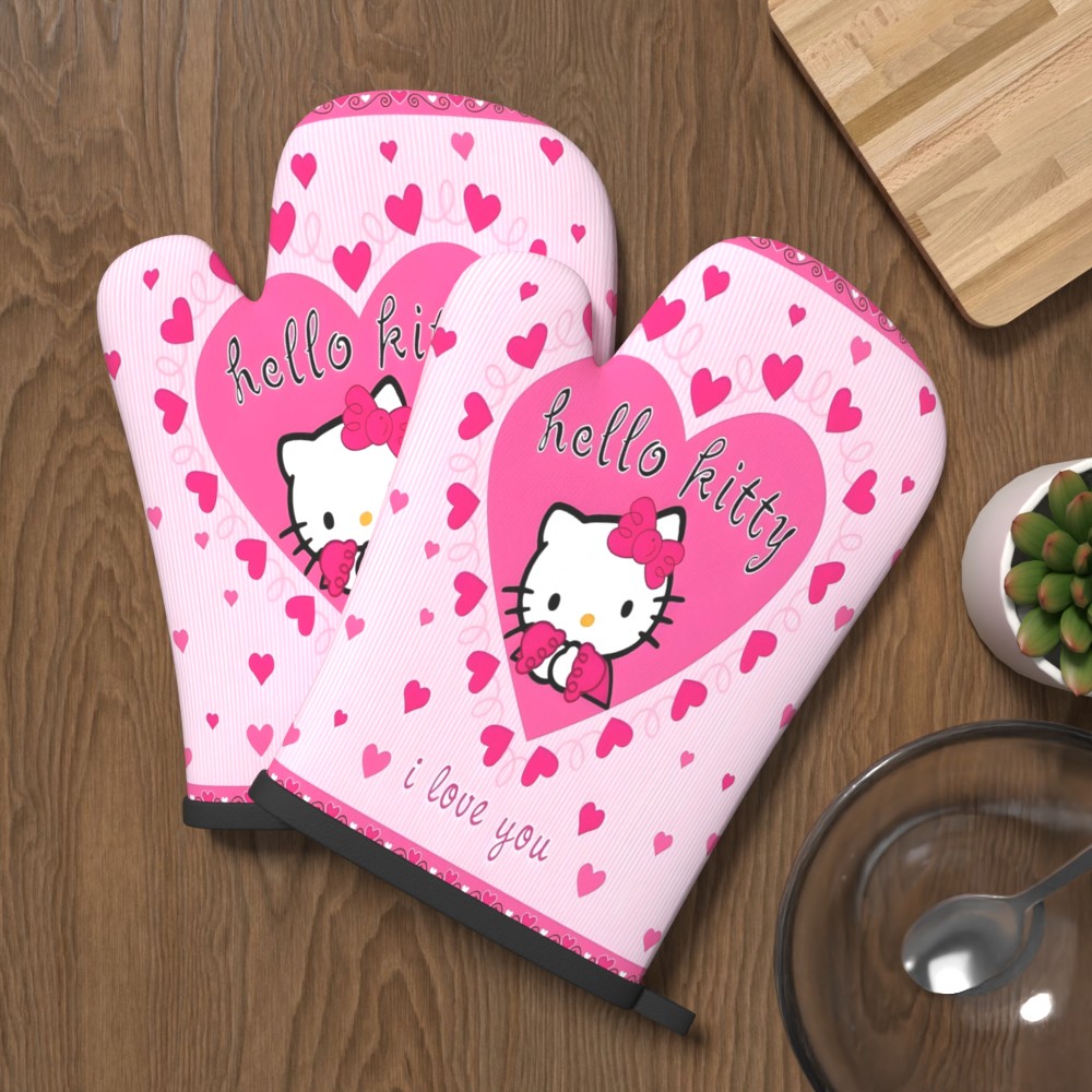Image of 2pcs Hello Kitty Oven Mitts With Pink Hello Kitty & Striped - Heat-resistant Kitchen Gloves, Mittens Suitable For Cooking, Baking, Bbq, Microwave, Machine Washable For Home Oven, Holiday Gifts For
