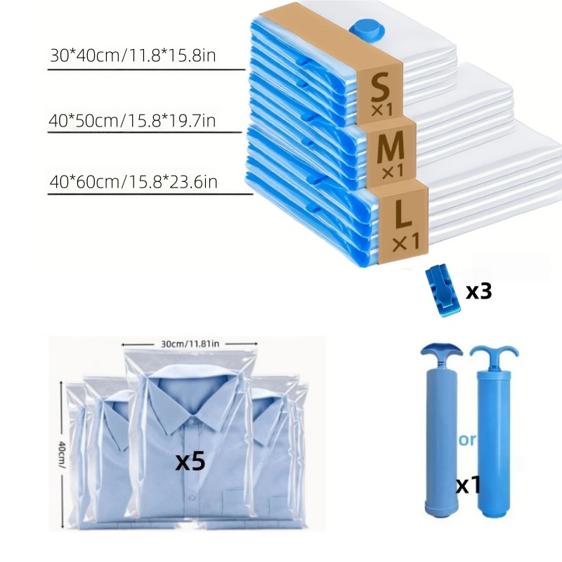 TEMU 12pcs Vacuum Storage Bag Manual Pump (3pcs Vacuum Bag 1pc Pump 3pcs Sealing Clips 5pcs Pull Tab Bags), Made Of High-quality And Durable