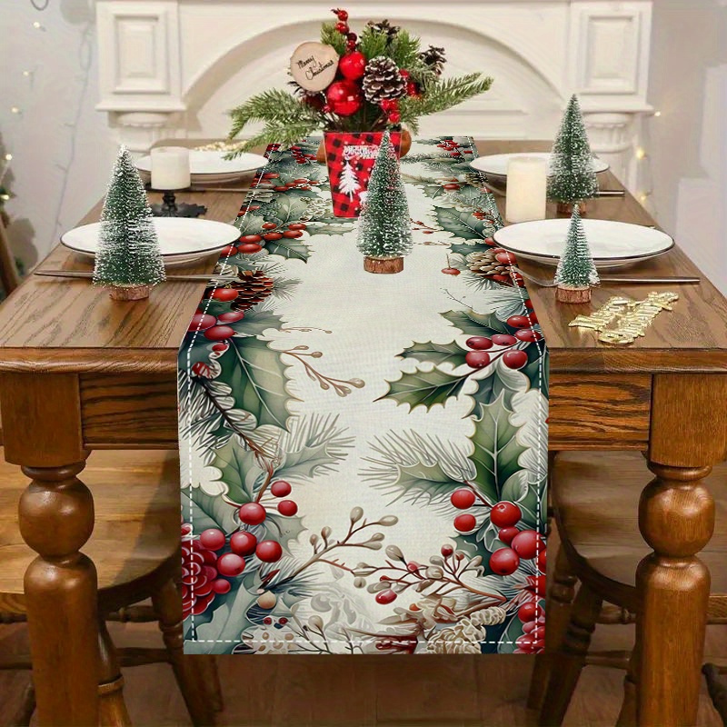 

1pc, Christmas Table , , Rectangular Linen, Red Berries & , -, For Christmas & , Decor