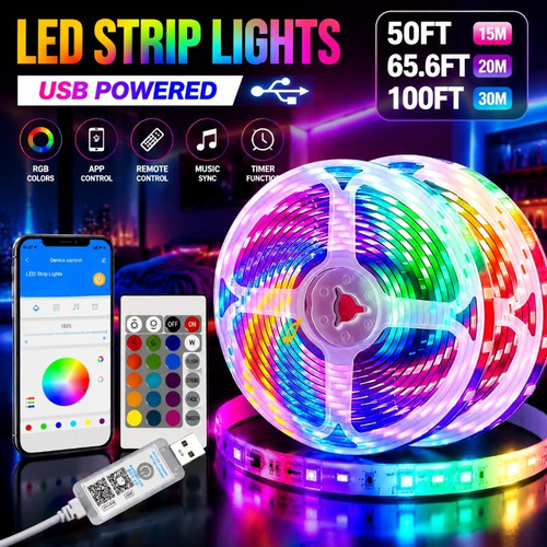 RGB LED Strip Lights Compatible for Smartphones/Tablets/PCs, USB-Powered App & Remote Control with Music Sync Color Changing Lights, Dimmable Volume Control Suitable for Bedroom, Gaming Room, Party Decor, USB-Powered RGB Strips