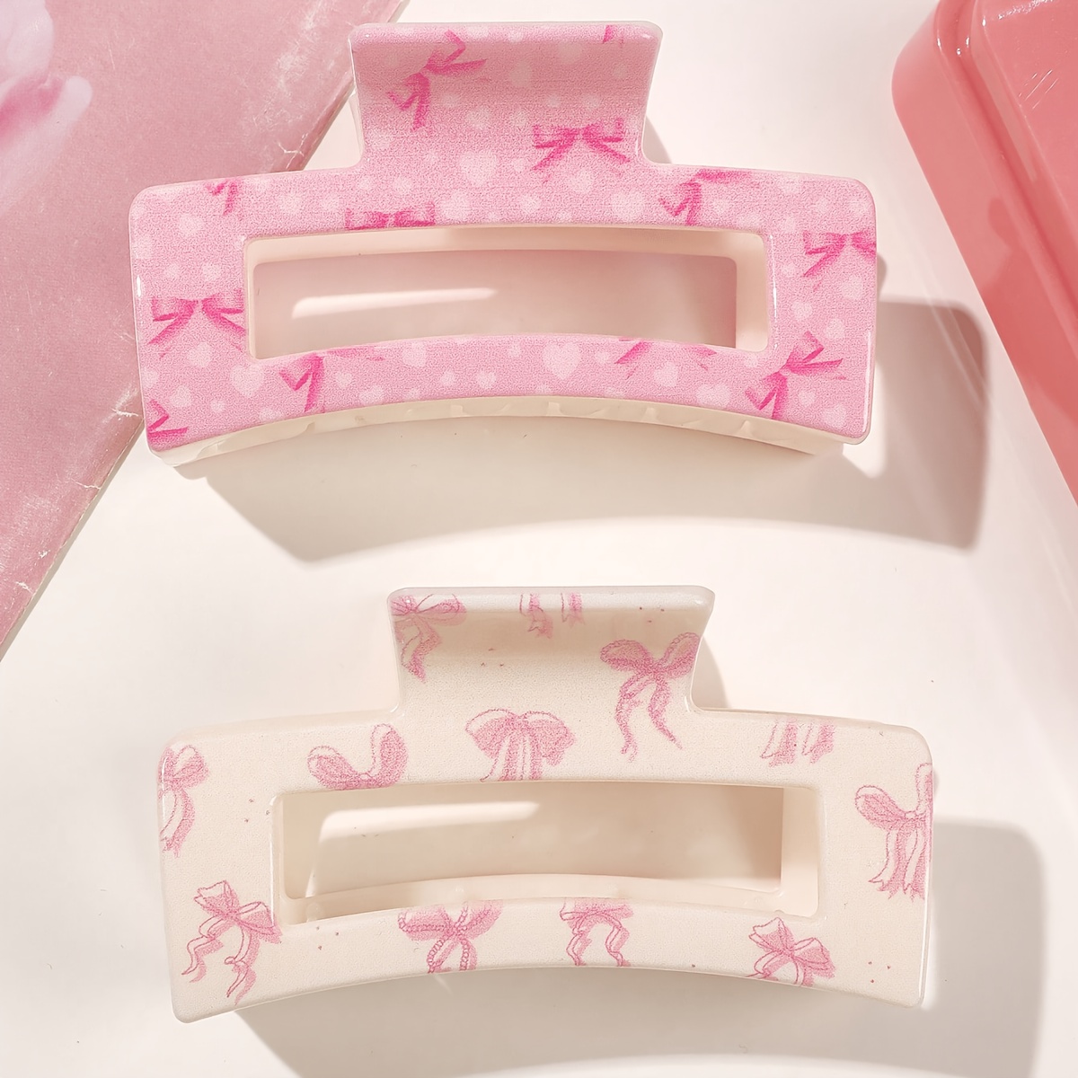 TEMU 2pcs Valentine's Day Abs Material Pink Cartoon Fresh Sweet Bow Printing Hair Claw, Milky White & Pink Square Elegant Hairpin Combination, Easy