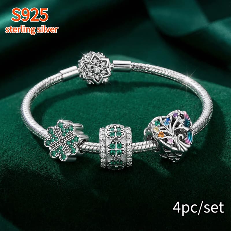 Image of Set Of 4 Colorful Clover Charm Beads Made Of 925 Sterling Silver, Perfect For Bracelets Or Necklaces, Ideal For Engagement Or Birthday Gifts