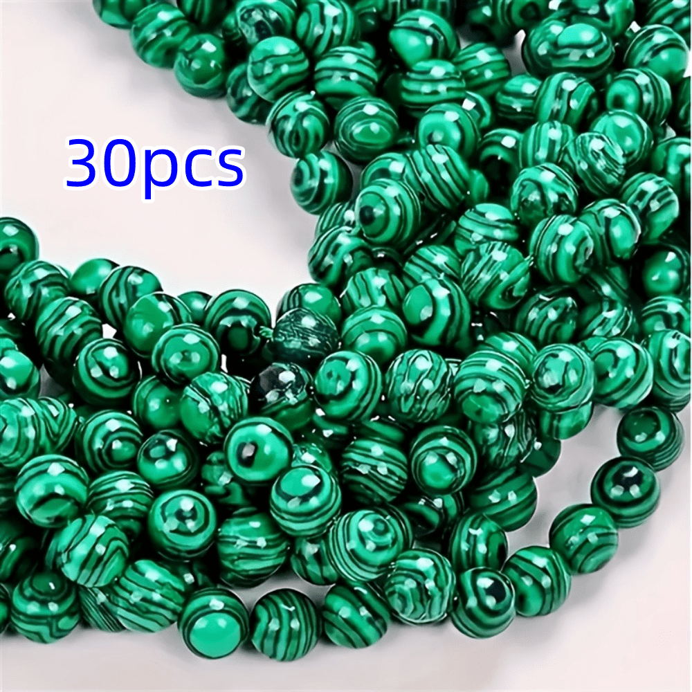 TEMU 30 Perline Sciolte Tonde di Malachite, Perline Lucide e Nere, per Creazione di Gioielli, Braccialetti Fai da Te, Collane, Orecchini e Perline