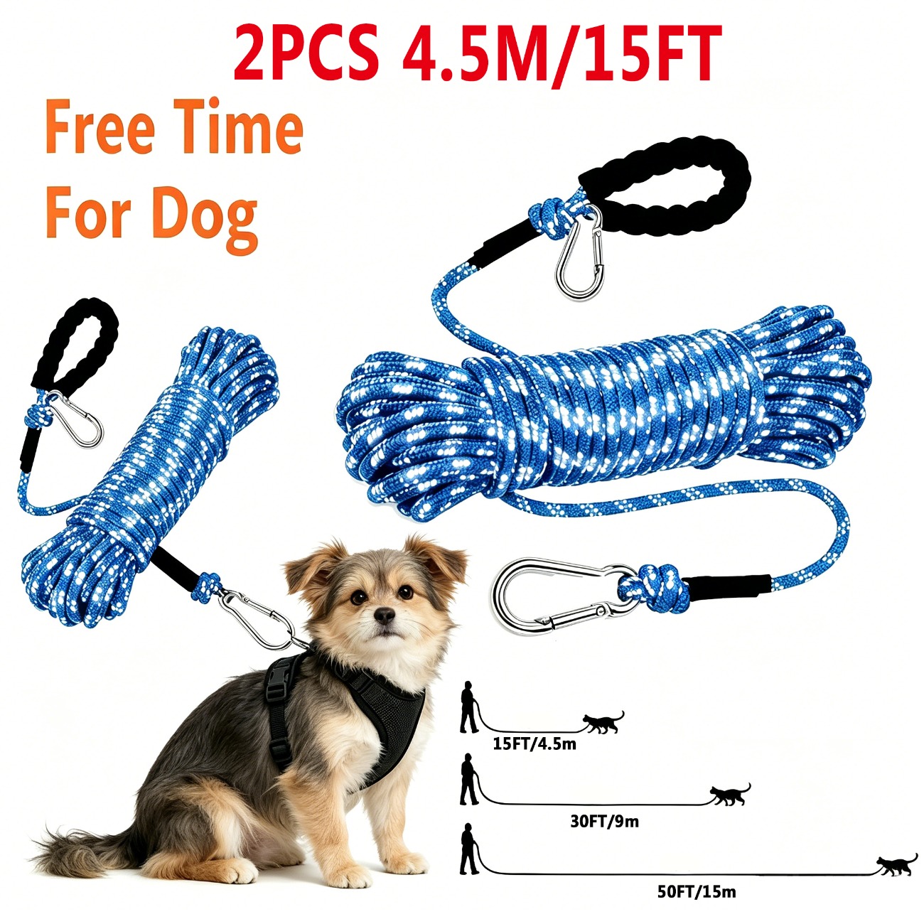 TEMU Heavy Duty Nylon Long , Dual Metal Clips Blue Reflective Dog Rope, Free Range Tie Out Cable For Hiking And , 15/30/50 Ft Available