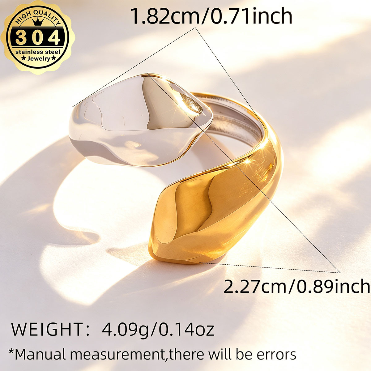 Women's Adjustable Open Geometric Ring, 18K Gold Plated