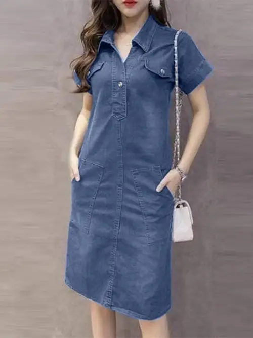 여성용 캐주얼 데님 미디 드레스 - 싱글 브레스트, 반팔 포켓, 가벼운 혼방, 블랙, 캐주얼 의상에 완벽, 데님 드레스