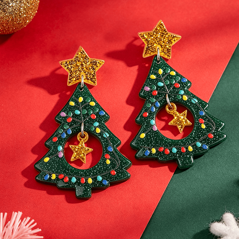 TEMU 1 Pair Christmas Cartoon Colorful Polka Dot Hollow-out Christmas Tree Earrings, Cute Sequin Five-pointed Star Christmas Tree Earrings For