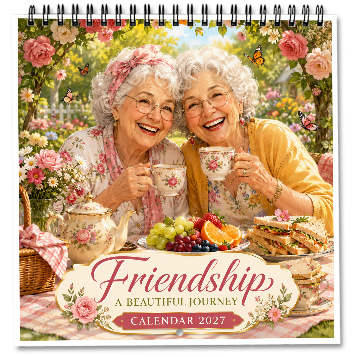 TEMU 1set 2027 Wall Calendar Friendship Theme Spiral Bound Planner Vintage Senior Women Tea Party Home Office Classroom Decor Christmas Gift Idea 12