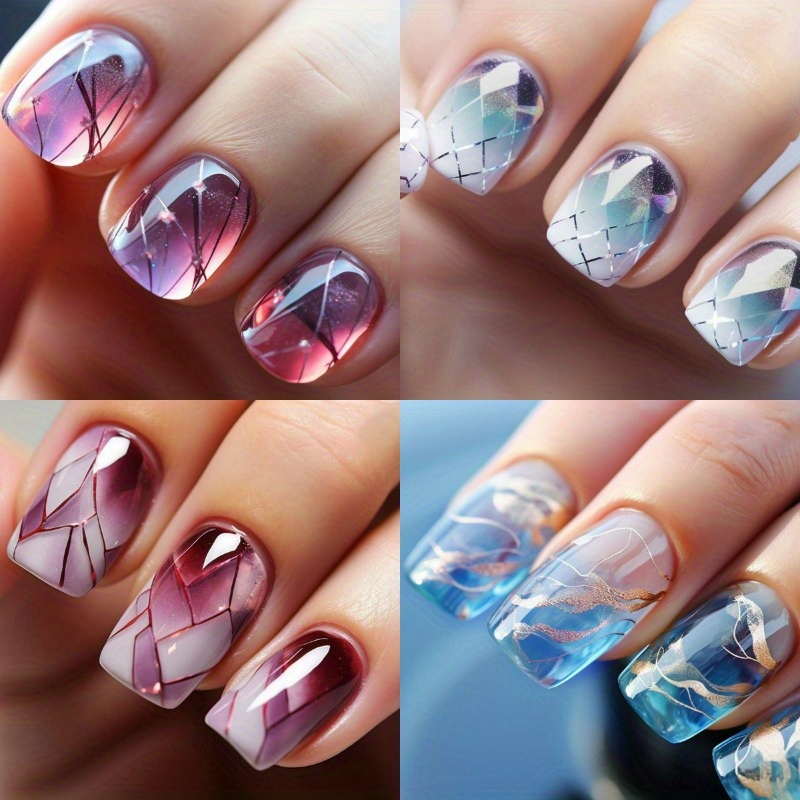 TEMU 96pcs Short Rectangular Nail Sticker Set - Mixed Colors, , Color Block , Fully Covered Fake Nails, Suitable For Women And, Comes With A Nail File And Jelly Glue - And Durable