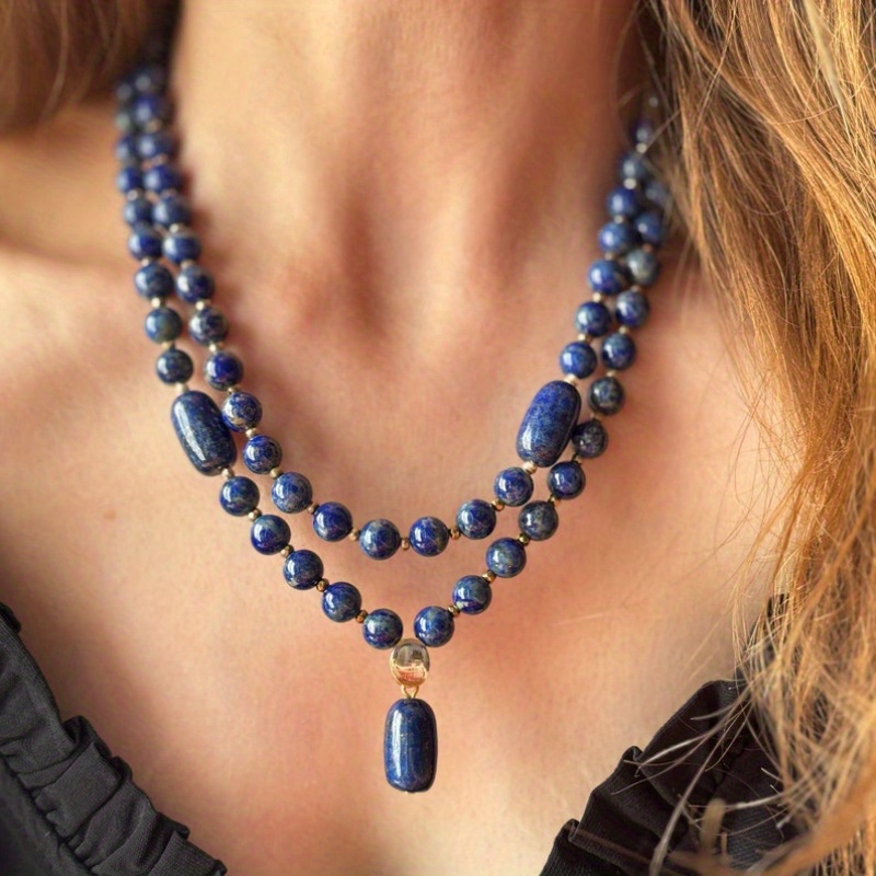 TEMU Ladies Birthday And Anniversary Gift Neck Jewelry Handmade Dark Blue Lapis Hematite Mix Necklace