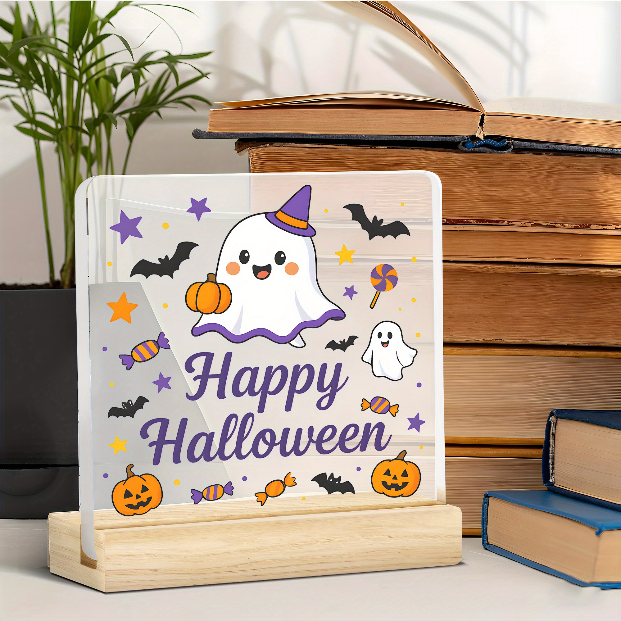 2D Flat, Adorable Happy Halloween Acrylic Sign with Cute Ghosts, Bats & Jack-O -Lanterns - Clear Modern Tabletop Decor with Purple Lettering & Smiling Ghosts - Lightweight Durable Acrylic Decoration for Home, Office, Classroom - No Electricity Needed, Ideal Gift for Teachers & -   Spooky Party Decorations (Halloween & Easter) - Easy to Clean & Store