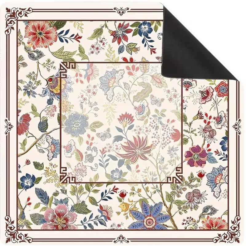 Vintage Floral American Mat, Retro Flower Pattern Non-slip Rubber Game Table Cover, Thick Square Mahjong Pad For Tiles, Poker, Dominoes & Board Games, Noise Reducing Desktop Protector For