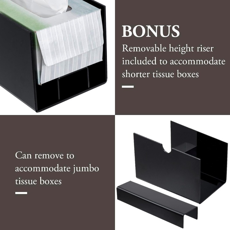 modern black glossy acrylic tissue box dispenser with slide-out holder & refillable drawer-like design - rectangular bathroom/office/ vanity storage, space-saving tissue dispenser with    ,     &   pads - minimalist  , easy-  (compatible with tissues not included) - sleek rectangular tissue box cover with slide-out panel, tissue holder bathroom Product details 3