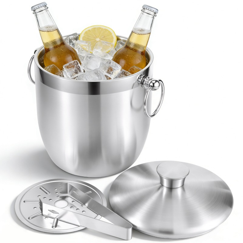 Image of Ice Bucket With Lid, Scoop, Tongs And Strainer - Insulated Stainless Steel Keep Ice - Ideal For Cocktail Bar, Parties, Chilling Wine, - 3 Liter (stainless Steel)