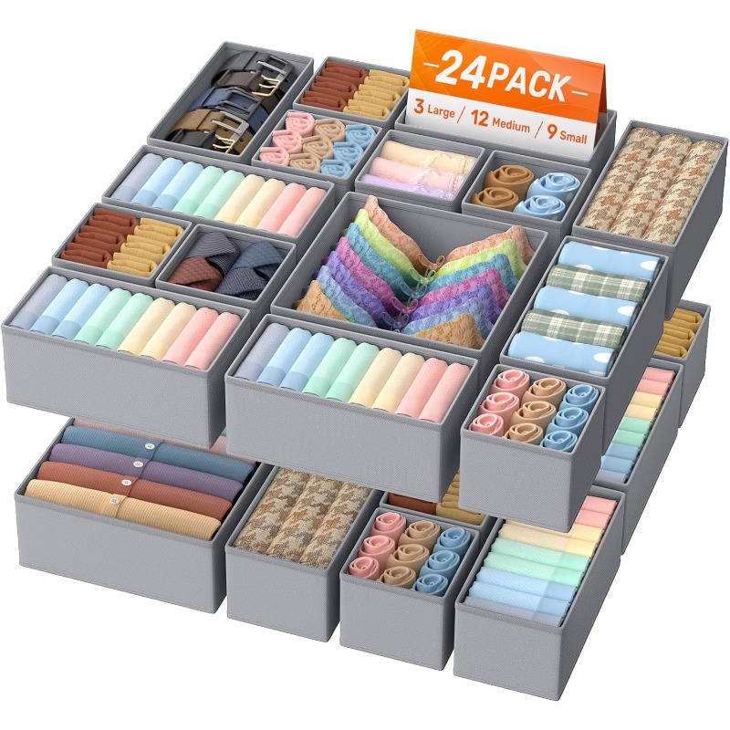Drawer Organizer For Clothes, 16/24 Pack Drawer Organizer And Underwear Organizer, Used For Separating Clothes Organizer, Closet Organizer, Socks, Bras, Ties, Gray Foldable Storage Boxes