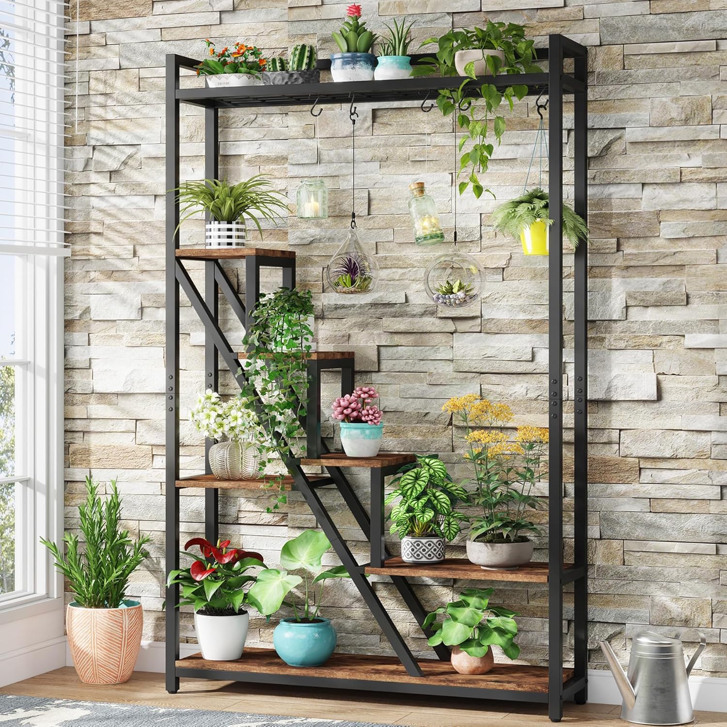 Flower Stand, 7 Levels Large Plant Shelf With 5 S-hooks, 180cm High Plant Stand, Industrial Wooden Flower Stand For Indoor Balcony Floor Flower Stairs Living Room Brown