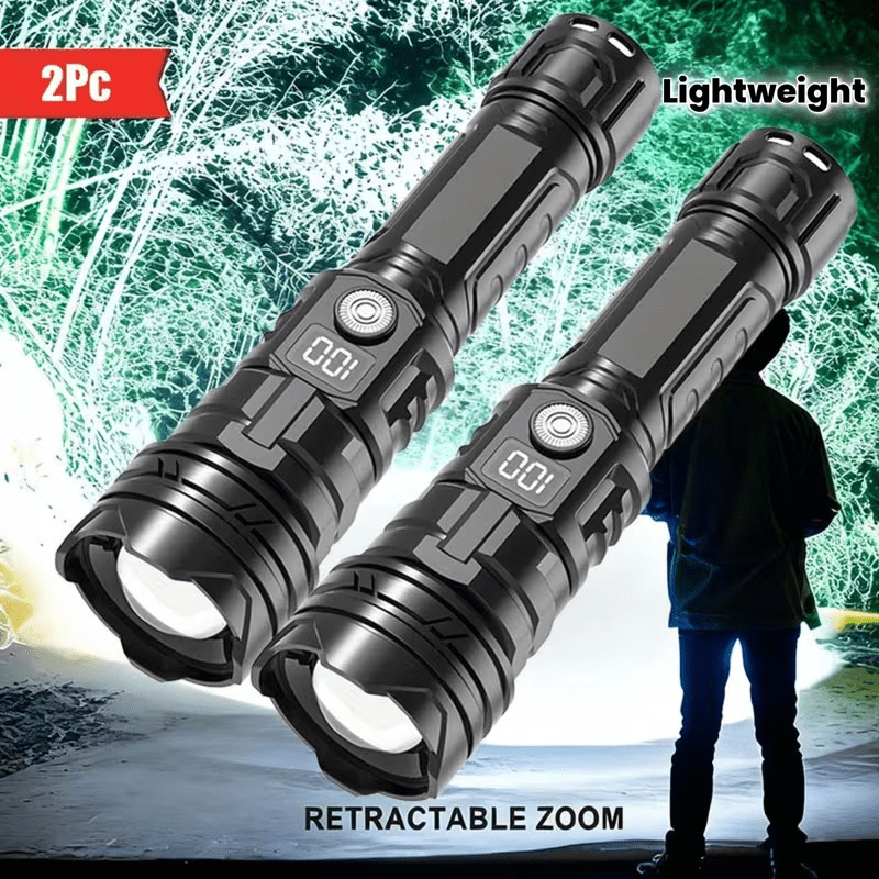 TEMU B 1/2pcs Lampe de poche tactique haute à focus réglable, affichage numérique, niveau de batterie, spot, éclairage général, commutateur, poignée