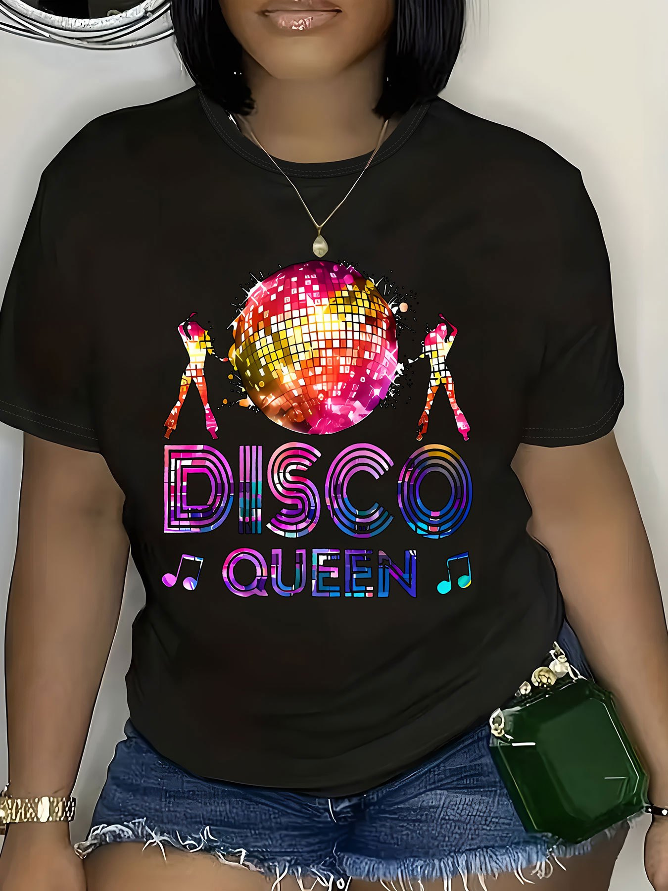 women's black retro disco graphic t-shirt short sleeve crew neck