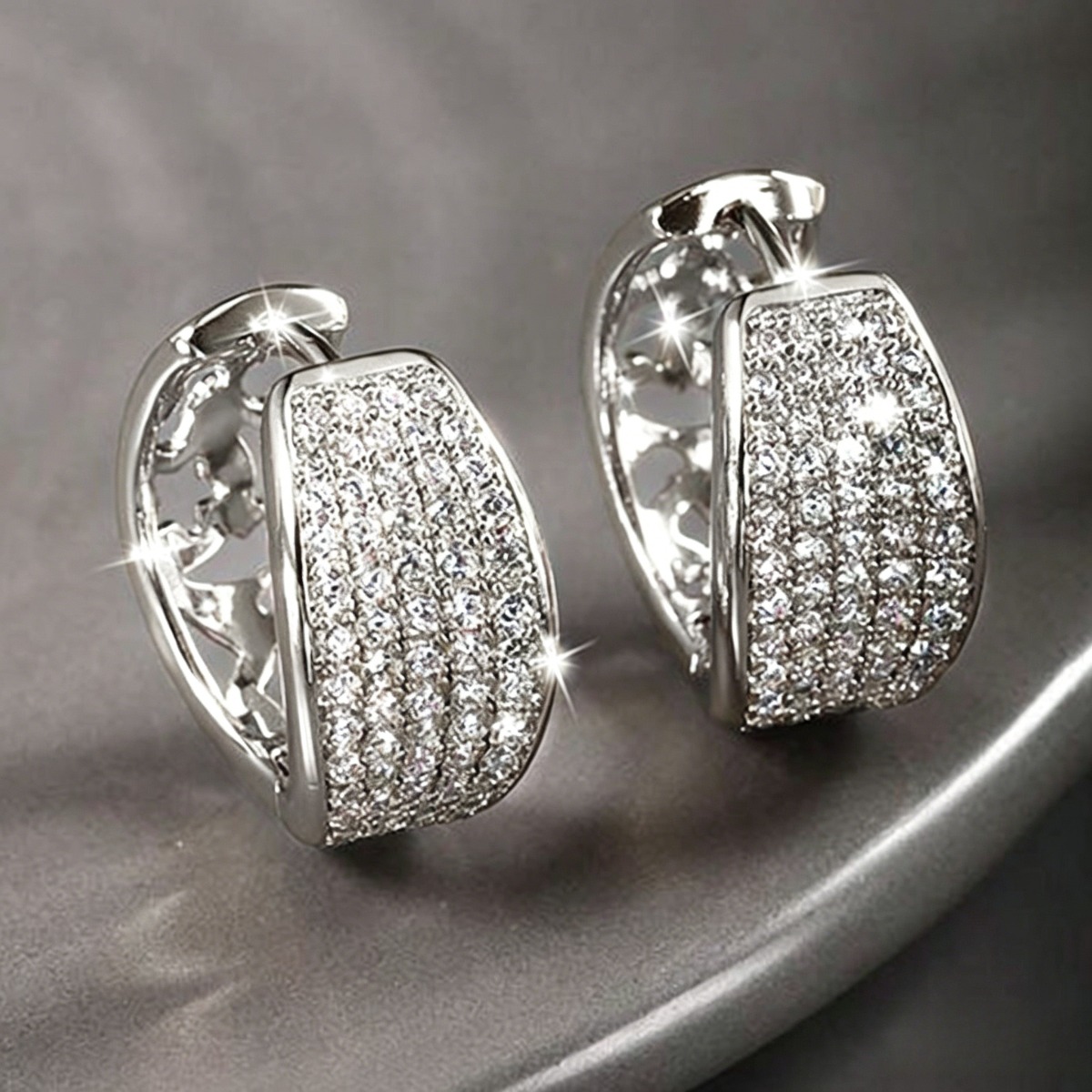TEMU Exquisite And Petite Silvery Hoop Earrings With Tightly Set Sparkling Synthetic Zirconia Small Circles, Elegant Jewelry Additions For Women's