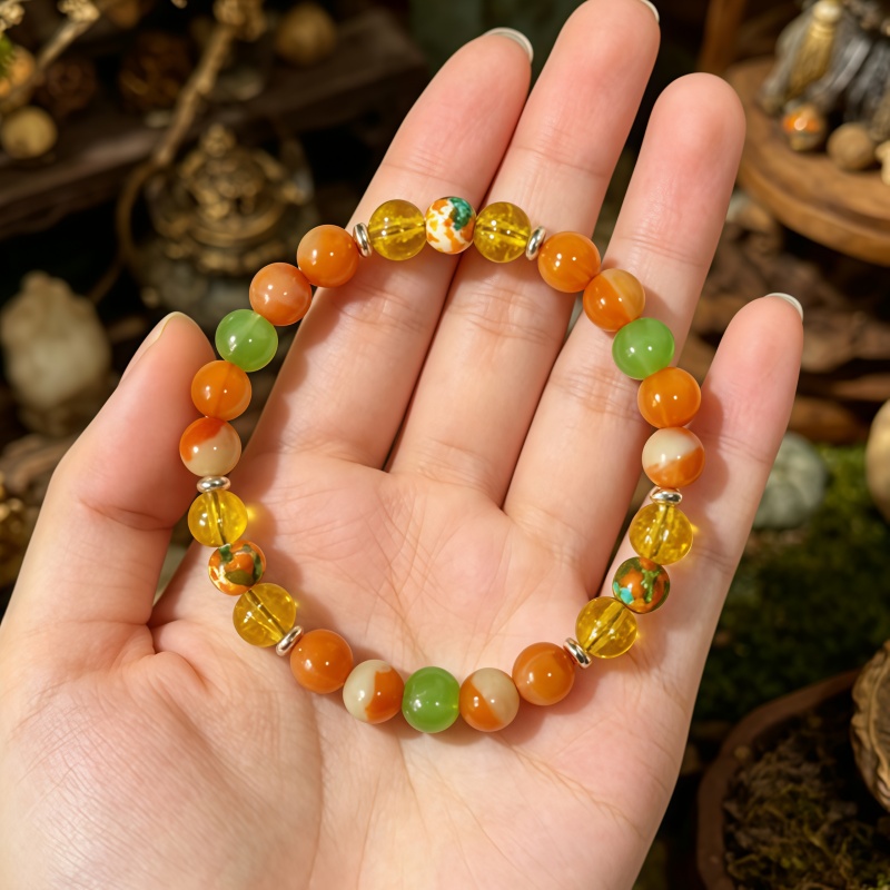 Unisex Vibrant Bead Bracelet, Warm Orange & Green Agate