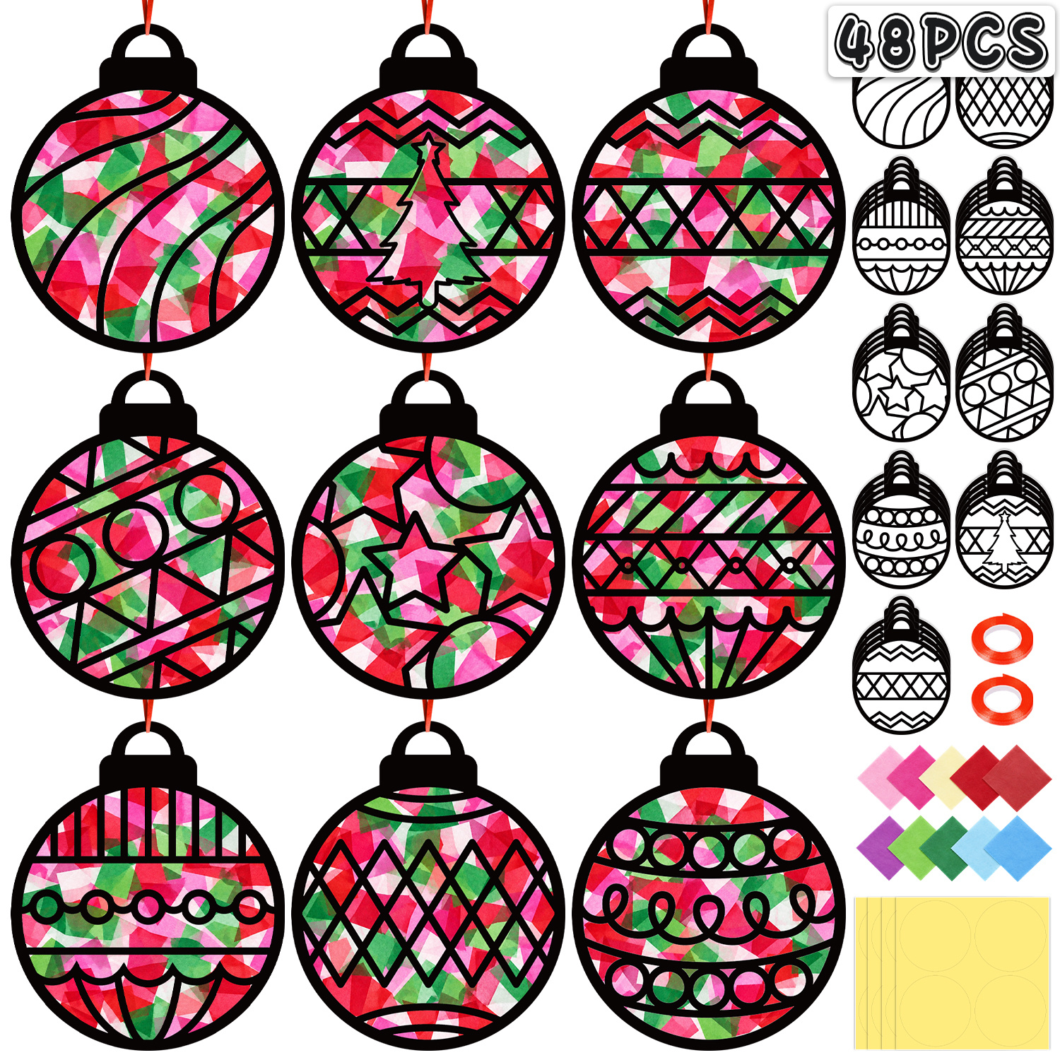 TEMU Kit fai da te da 48 pezzi per artigianato natalizio, kit con palline di Natale di carta e acchiappasole - Decorazioni invernali per finestre per