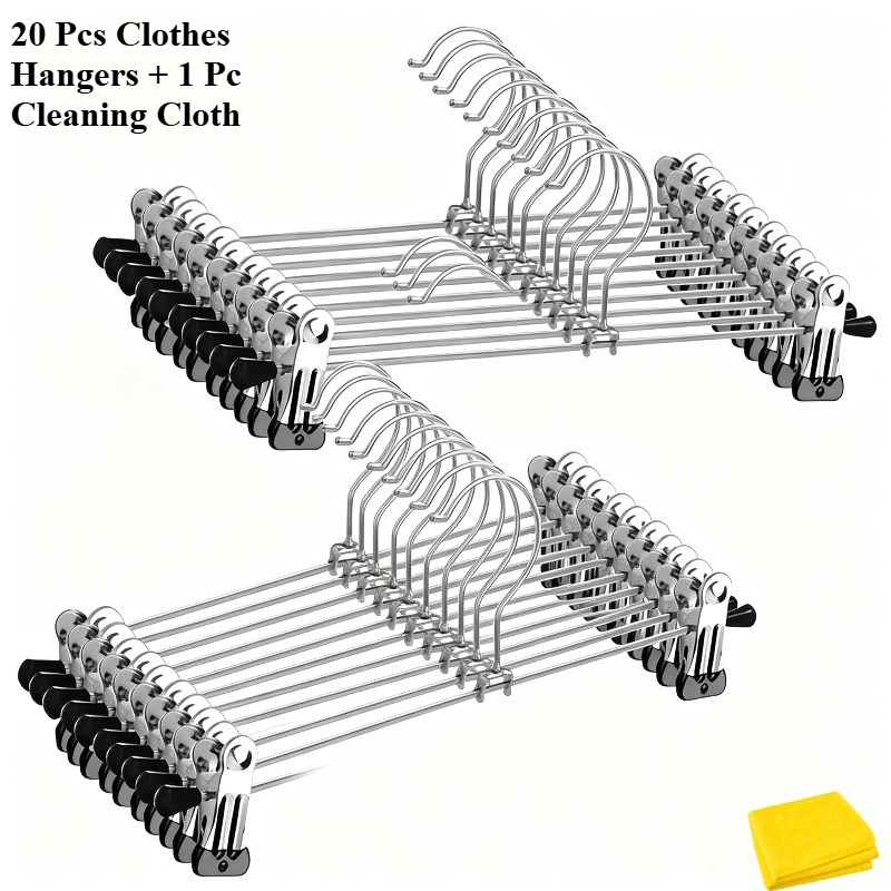 TEMU 20pcs Adjustable Stainless Steel Pants & Skirt Hangers With Clips, Set With 1 Cleaning Cloth, Durable Closet Storage Hangers For Pants, Jeans,