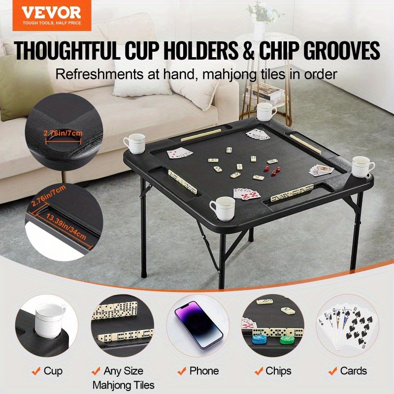 VEVOR Mahjong Table - 4 Player Folding Card Table with 4 Cup Holders & Chip Trays - Black - For Mahjong Enthusiasts & Game Nights - Perfect Gift for Family & Friends