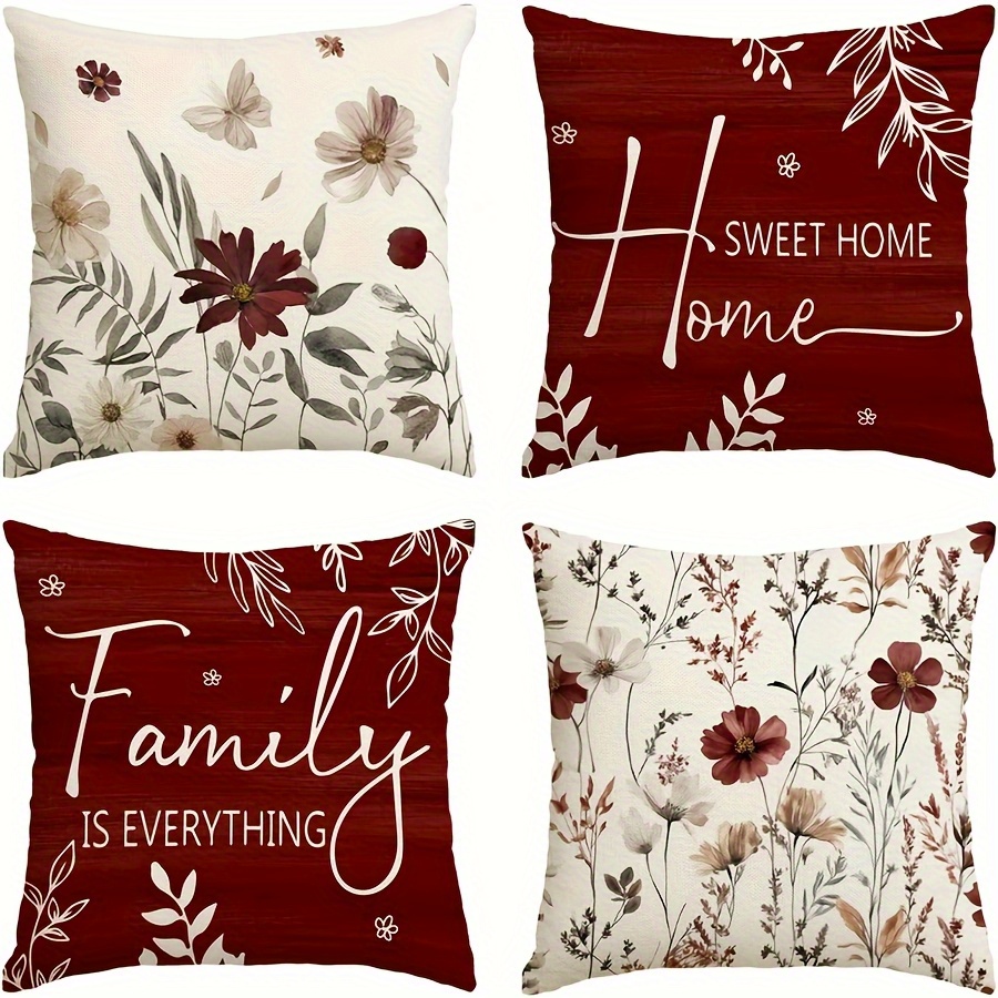 TEMU 4pcs Set, -themed Pillowcases, Floral And Foliage Text Print Cushion Covers, Vintage Elegant Style, Multiple Sizes , Single-sided Print, Machine