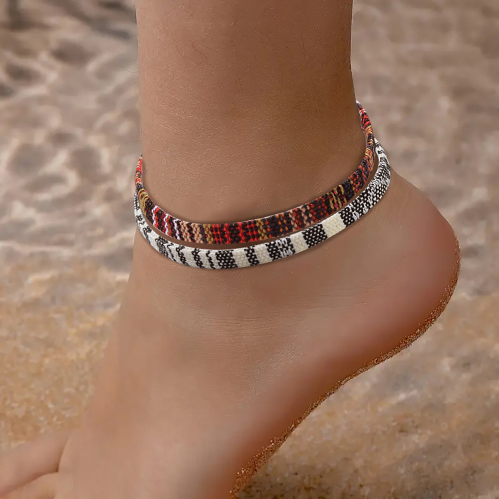 Men's 2pcs Knitted Ankle Bracelet Set, Bohemian Style