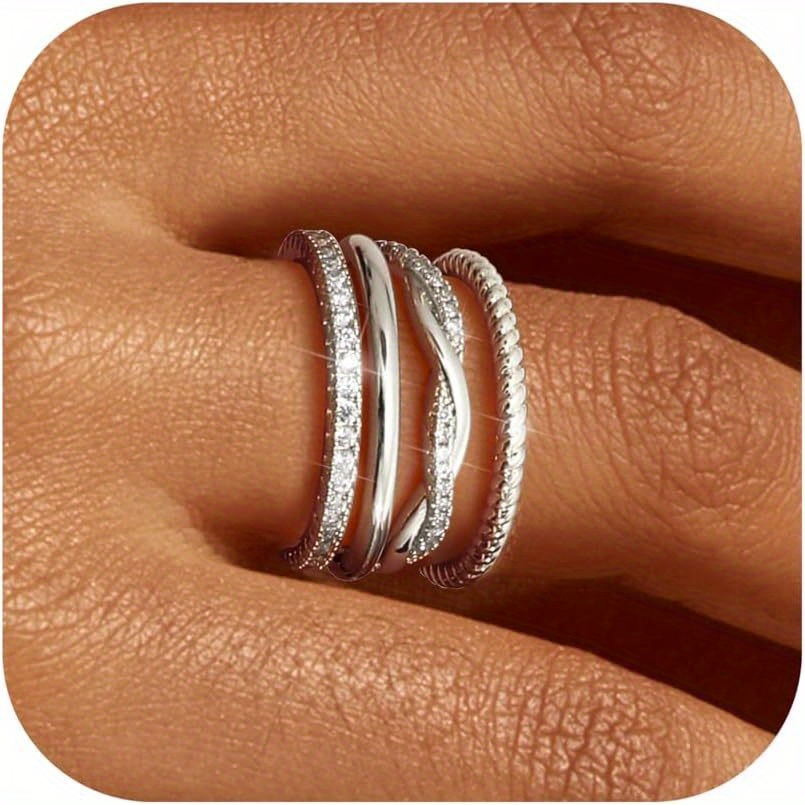 Image of 4pcs Stackable For Women Non Tarnish Dainty 14k Golden Plated Stackable Thin Rings Cubic Zirconia Thumb Ring Set Trendy Statement Promise Wedding Bands Engagement Rings For Women Size 6