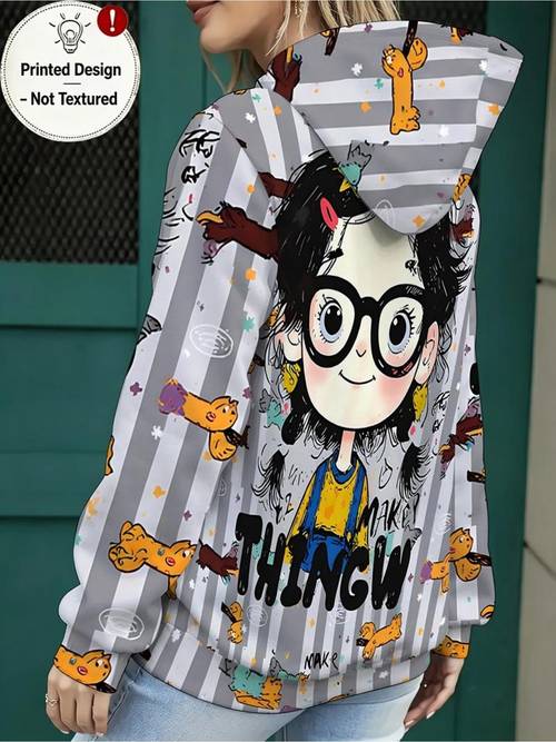 new womens flat print pullover hoodie womens fashion hooded top cartoon whimsical design suitable for daily vacation wear printed design not textured