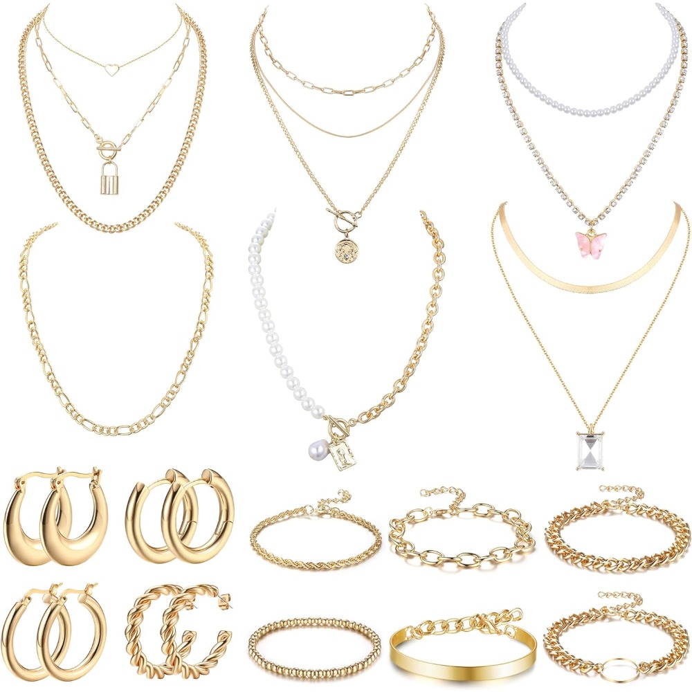 Image of 16pcs Silvery Golden Jewelry Set For Women Accessories For Women Bracelet Necklace And Earring Sets Multilayer Stackable 90s Jewelry Set Trendy Summer Outfit