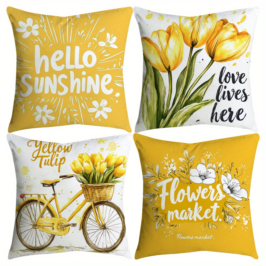E-shop Set mit 4 gelben Tulpen Fahrrad Buchstaben Kissenbezügen für Frühling und Sommer