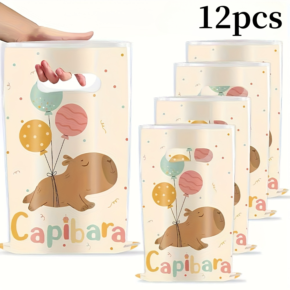 Image of Gift For Her/him 12/24pcs Of Capybara Gift Bags Featuring Cute Cartoon Capybara , Made Of Durable Plastic With Handles, Suitable For Birthdays, Weddings, And Themed Party Events