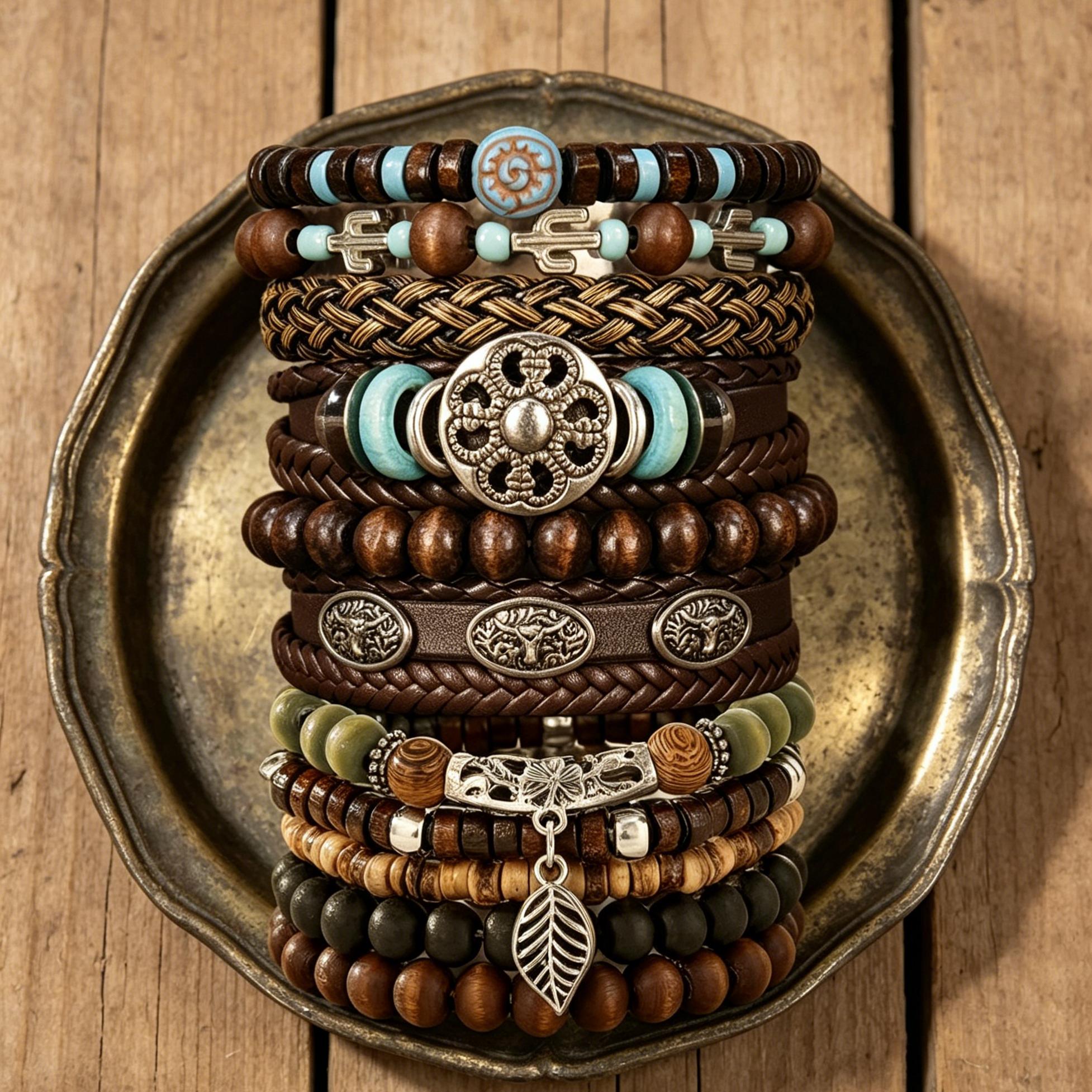 TEMU 11pcs Vintage Stackable Bracelet Set, Fashionable Bohemian Style, Washable And Durable, For Women, Everyday Casual Jewelry, Jewelry, Gift