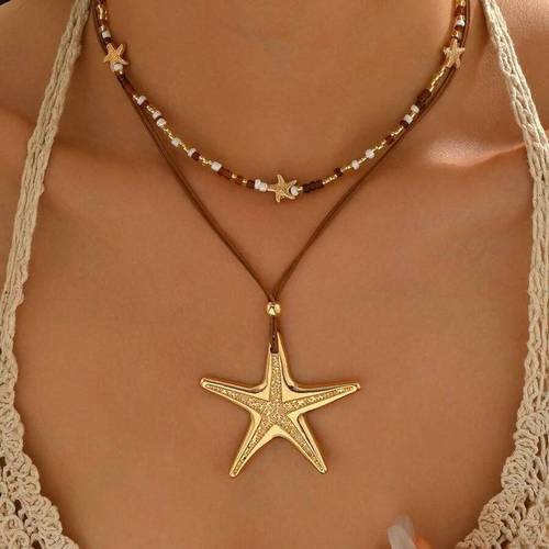 2pcs Set Women's Handmade Bohemian-style Beaded Necklace with a Large Starfish Pendant, Fashionable and Versatile, Suitable for Daily Wear, Travel, and Parties