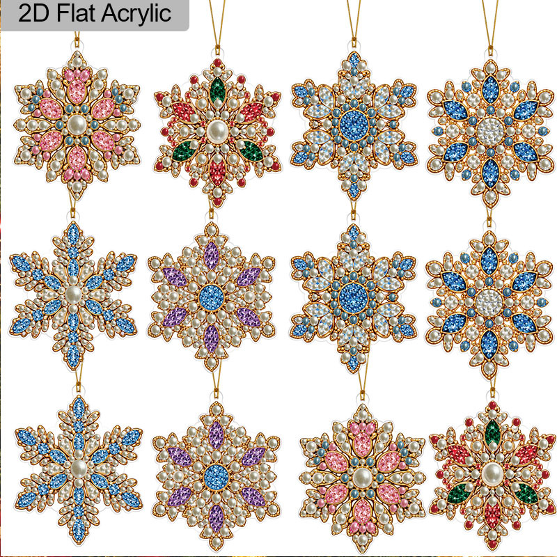 TEMU 2d Flat, Christmas Snowflake Acrylic Hanging Ornaments Set, 12/6pcs Diy Pearl Craft Kit For Adults, Colorful Glitter Snowflake Pendants With For