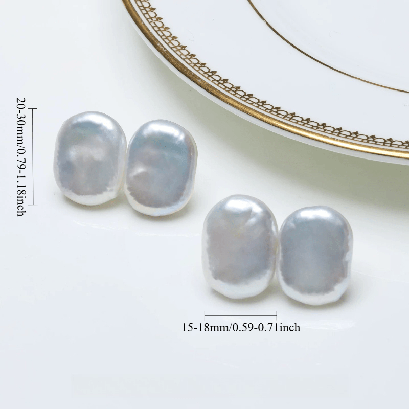 Women's 925 Silver Oval Baroque Pearl Stud Earrings