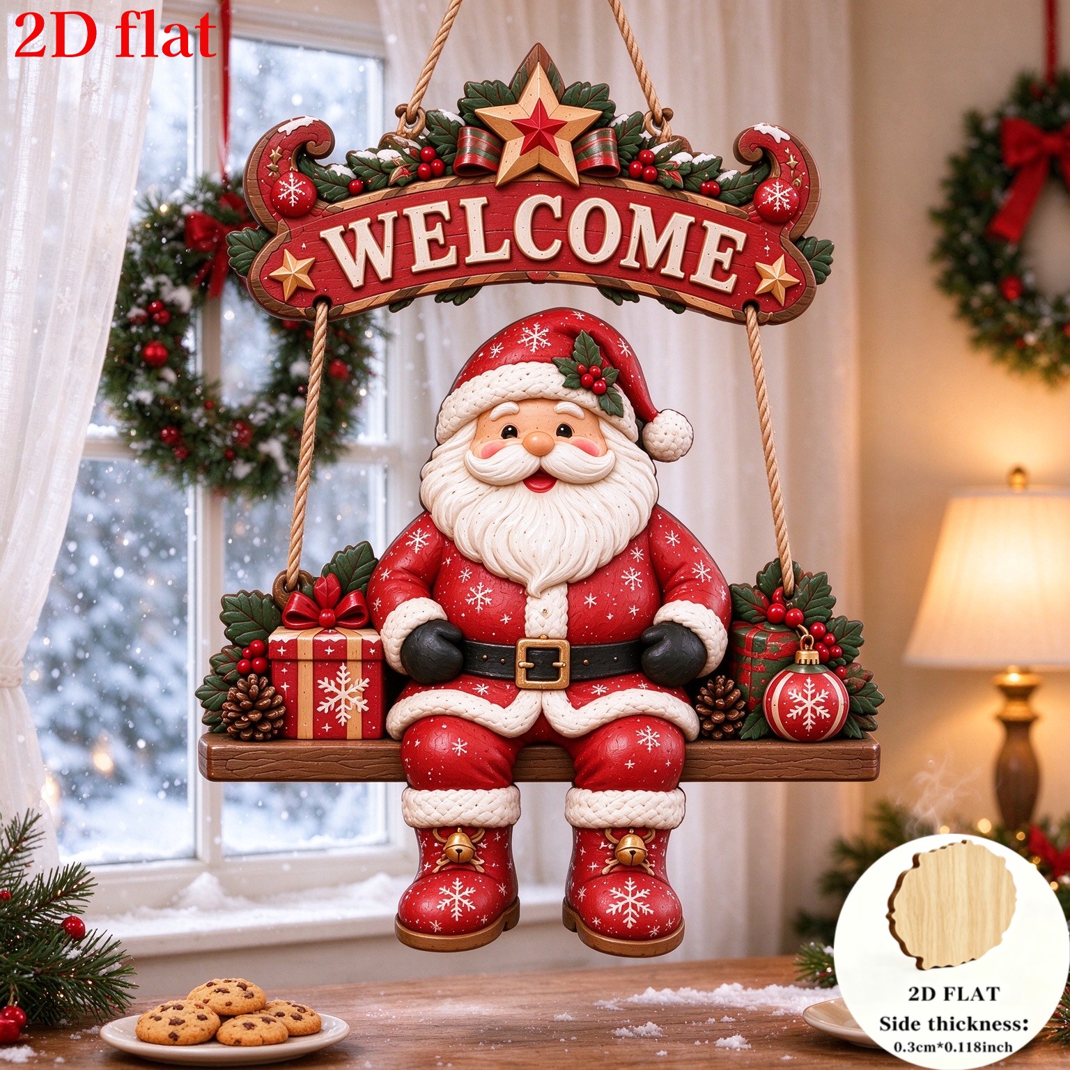 TEMU 2d Flat, 2pcs Christmas Holiday Door Decor Ornaments, Wooden Santa Claus Swing Welcome Sign, Retro Christmas Atmosphere Pendant. Suitable For