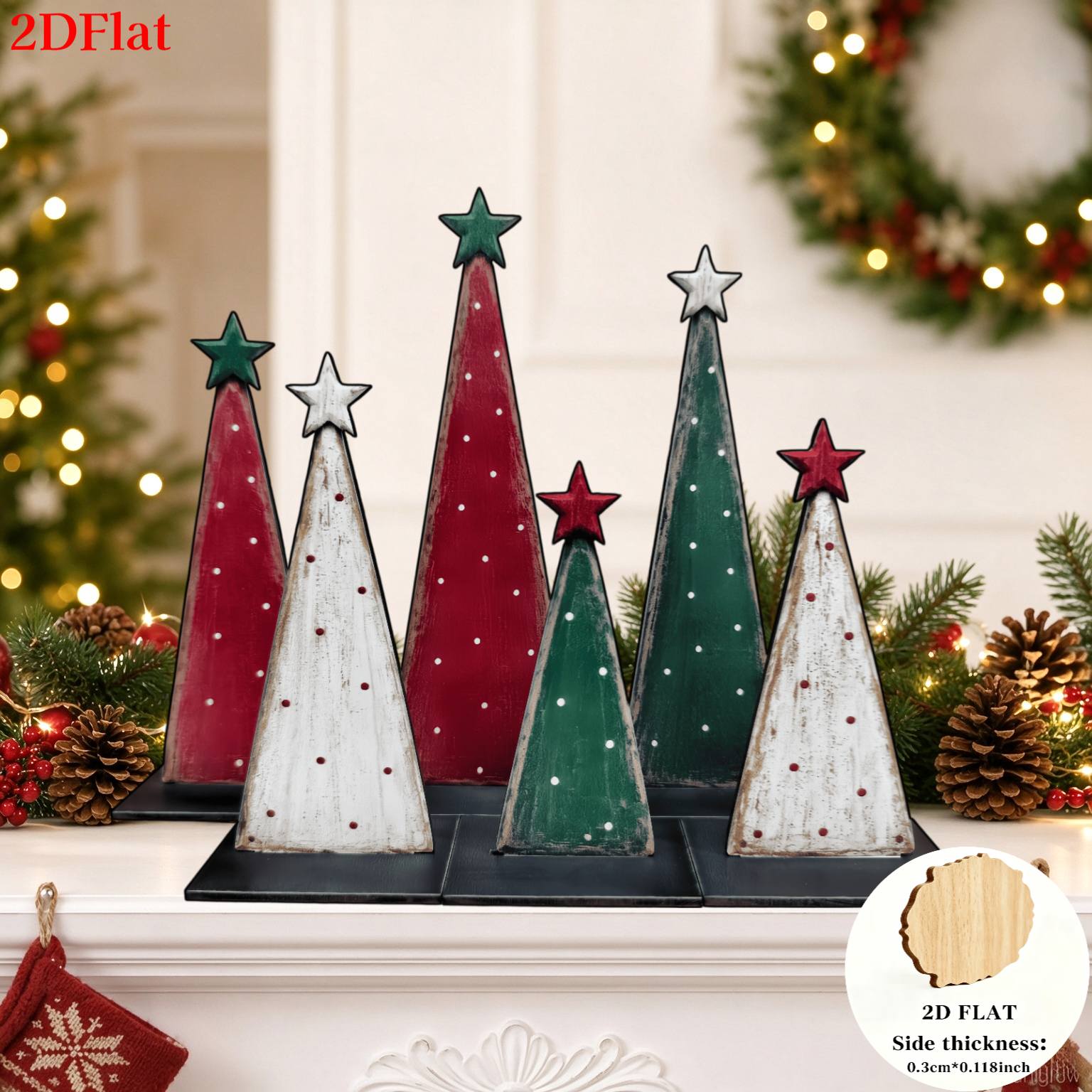 TEMU 2d Flat, 6pcs Vintage Wooden Christmas Tree Ornaments, In , Green, And White, With -shaped Topper. Each Tree Features A And And Displayed,