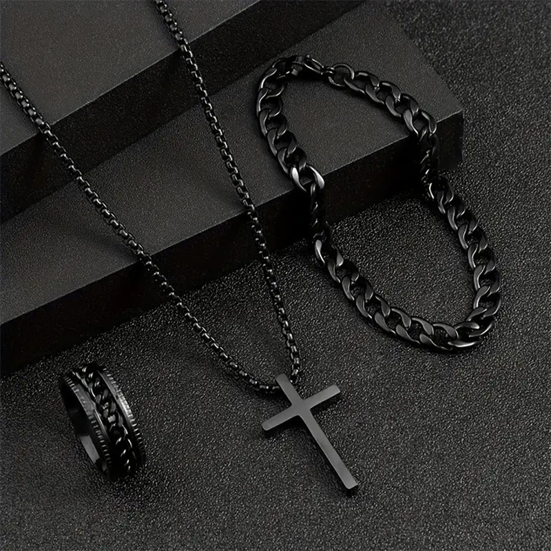 Hot-selling European and American Fashionable Hip-hop Cuban Chain Cross Necklace Bracelet Ring 3pcs Set Fashionable and Versatile Gift Giving Gift