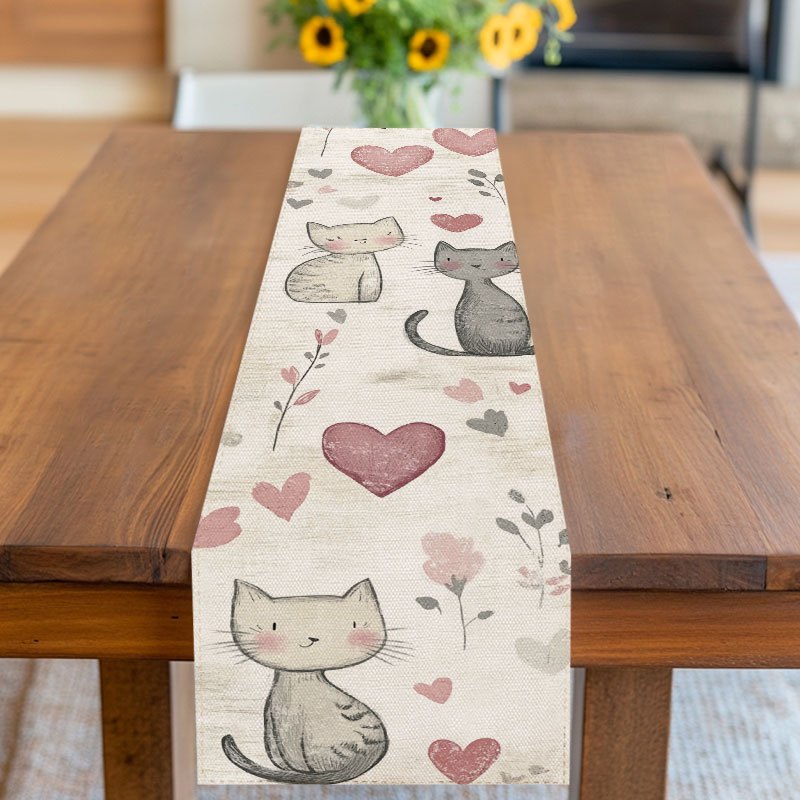 TEMU 1pc Cartoon - Style Table Runner With Pink, Gray And White Cat - Heart Pattern, 2d Printing, Suitable For Valentine's Day, Birthday, Party,