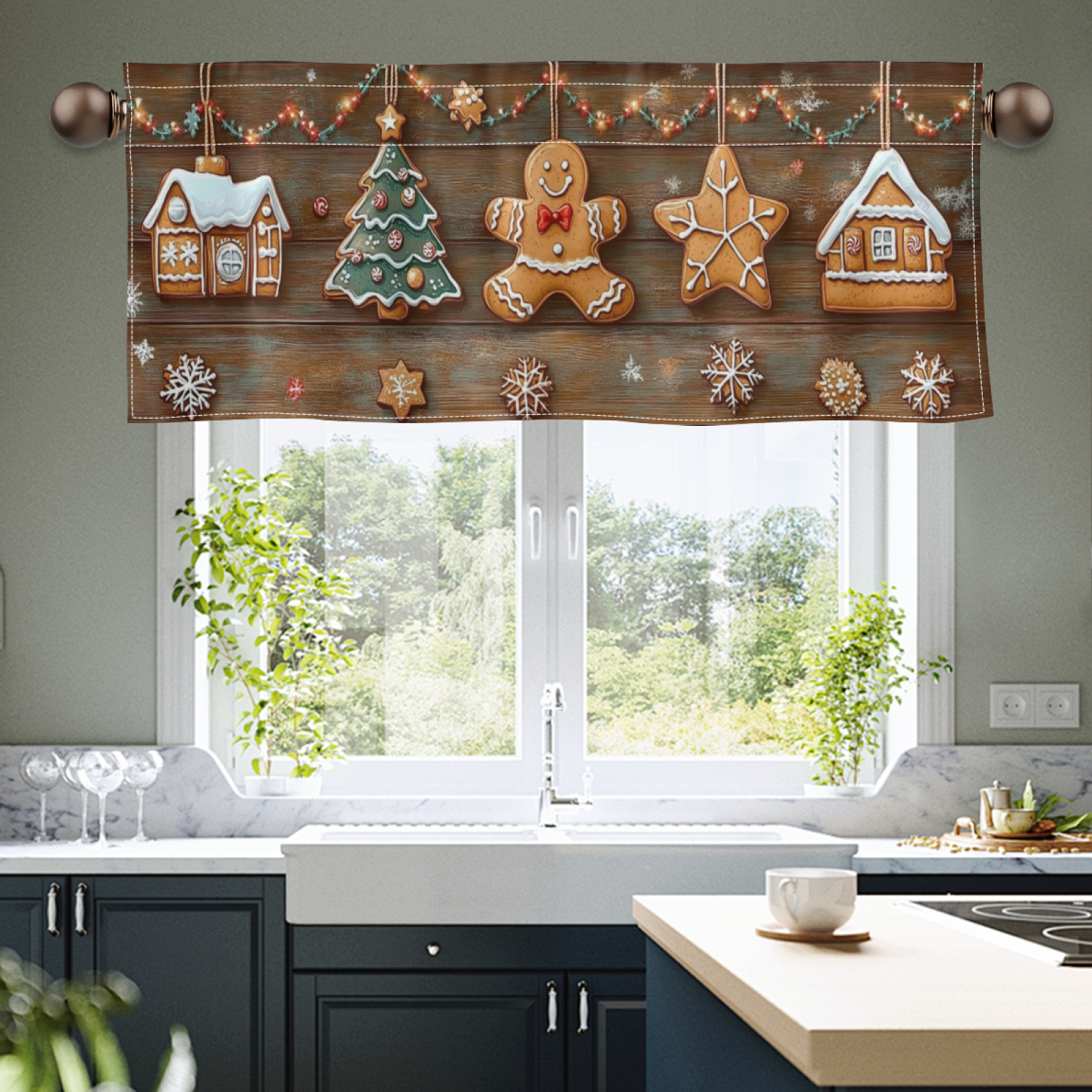 

Christmas Tree & Valance - Rod Pocket Window Treatment For Kitchen, Bathroom, Bedroom - Semi-transparent Polyester Curtain, 54x17.7in