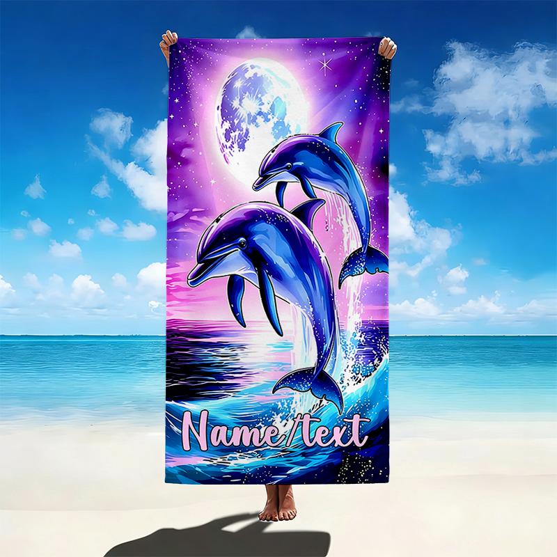 TEMU 1pc Personalized Name Purple Dolphin Beach Towel, Soft And Absorbent, Made Of Microfiber Material, Lightweight, Suitable For Travel, Swimming,