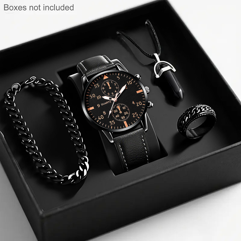 Image of 4pcs New Fashionable Men's Trendy Round Quartz Watch + -garde Pendant Necklace, Ring, Bracelet Jewelry Set For Valentine's Day, Easter, , Birthday, Christmas, Gift For , Eid