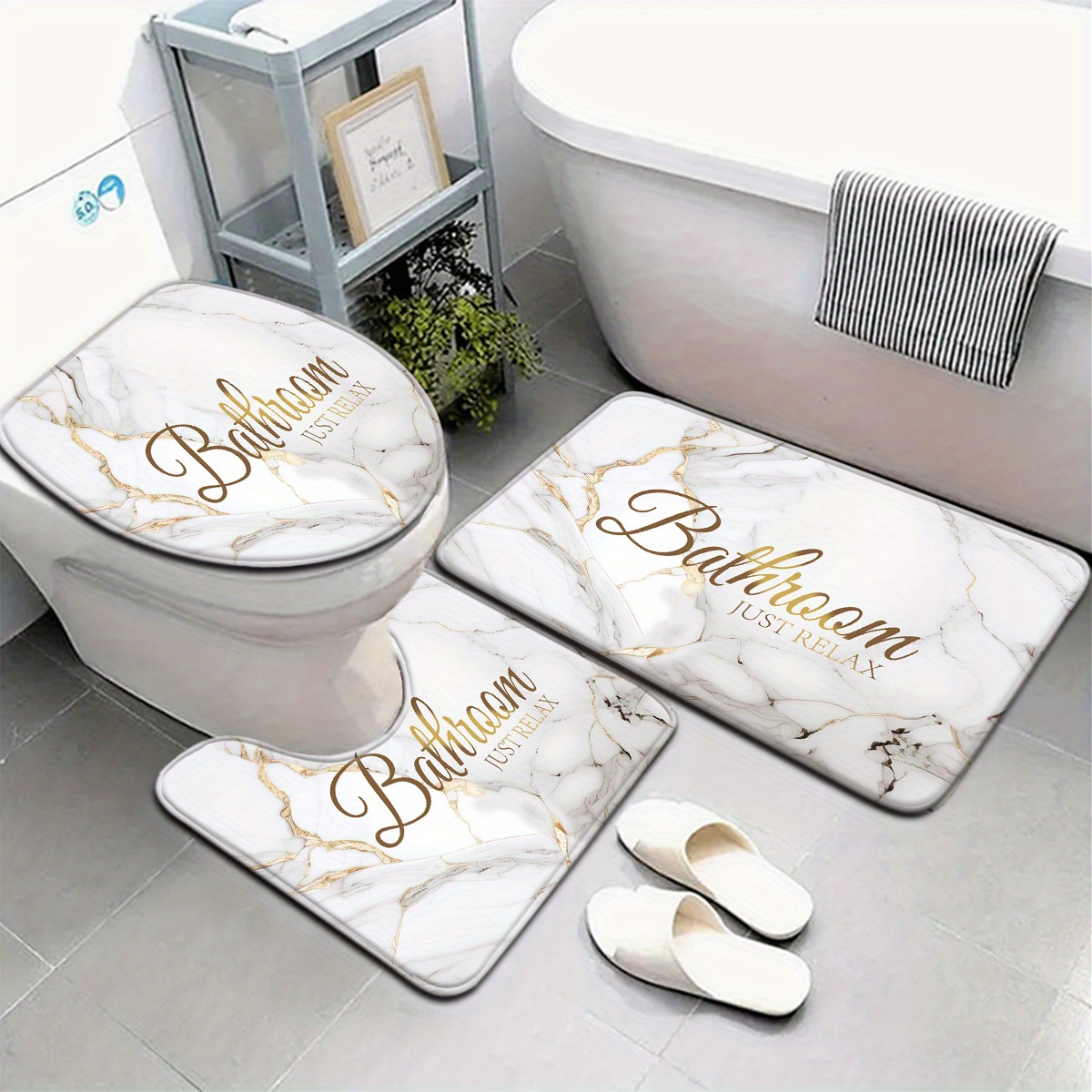 E-shop 3er/4er Set Badezimmermatte mit weißen Marmormuster-Buchstaben, Toilettendeckel-Matte und Teppiche, Badezimmerdeko, U-förmige Fußmatte