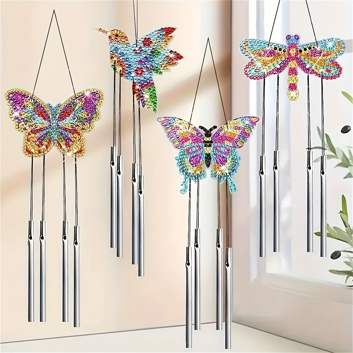 Image of Four-piece Painting Set, Insect Design Diy Wind Chime Craft Kit With Acrylic Double-sided Sparkling , Suitable For Garden Gate, Wall, Window Hanging Decor Gift Set