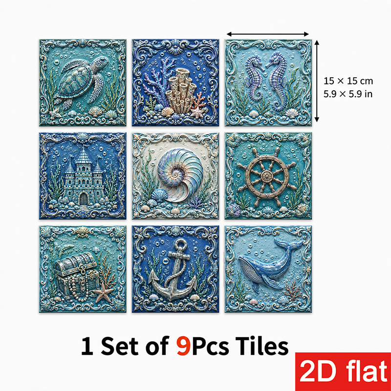 TEMU 2d Flat 9pcs 15x15cm (5.9x5.9in) Slate Tile Stickers Sophisticated: Peel And Stick Wall Tiles With 3d Textured Design Featuring Sea Turtles, ,